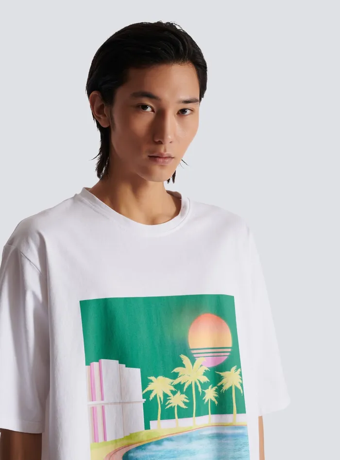 Balmain Loose Postcard Printed Tshirt White Men TShirts