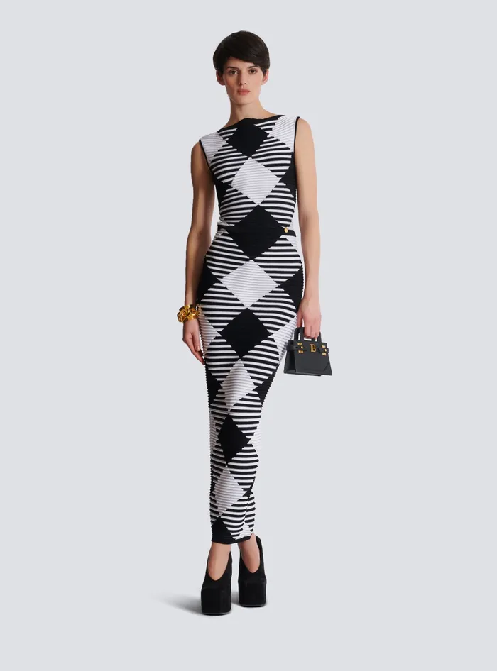 Balmain Midlength Skirt In Rolled Gingham Knit Black Women Knitwear