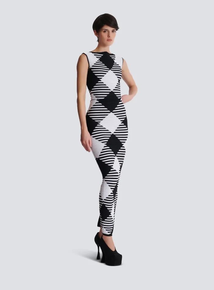 Balmain Midlength Skirt In Rolled Gingham Knit Black Women Knitwear