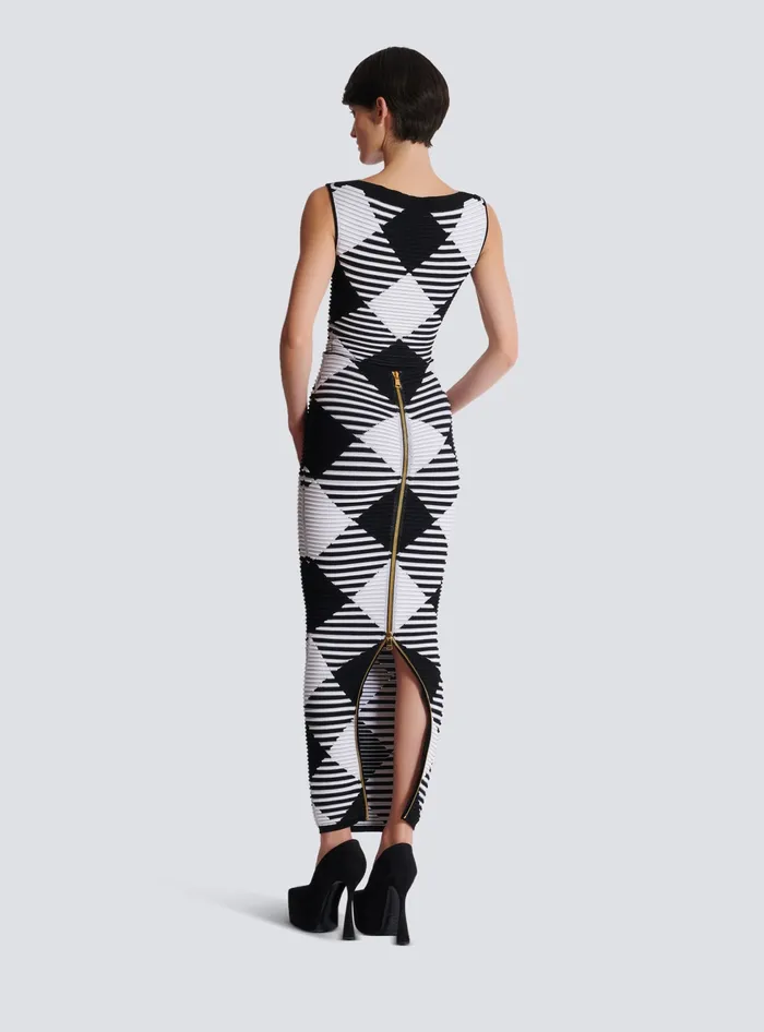 Balmain Midlength Skirt In Rolled Gingham Knit Black Women Knitwear