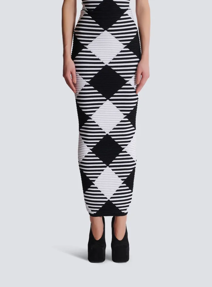 Balmain Midlength Skirt In Rolled Gingham Knit Black Women Knitwear