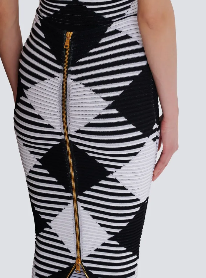 Balmain Midlength Skirt In Rolled Gingham Knit Black Women Knitwear