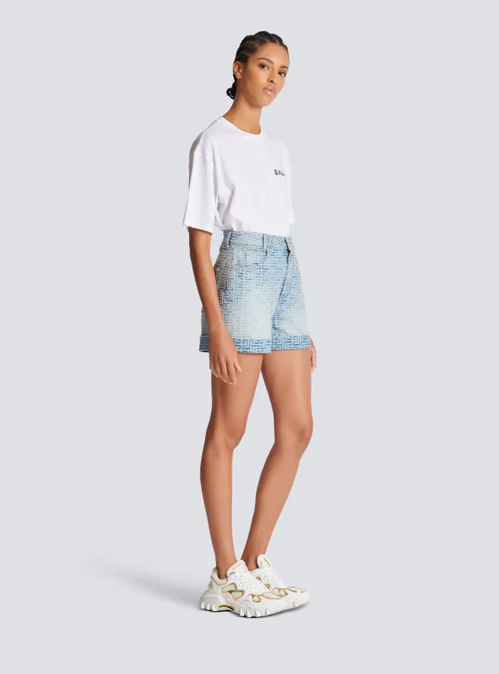 Balmain Monogram Denim Short Blue Women Denim