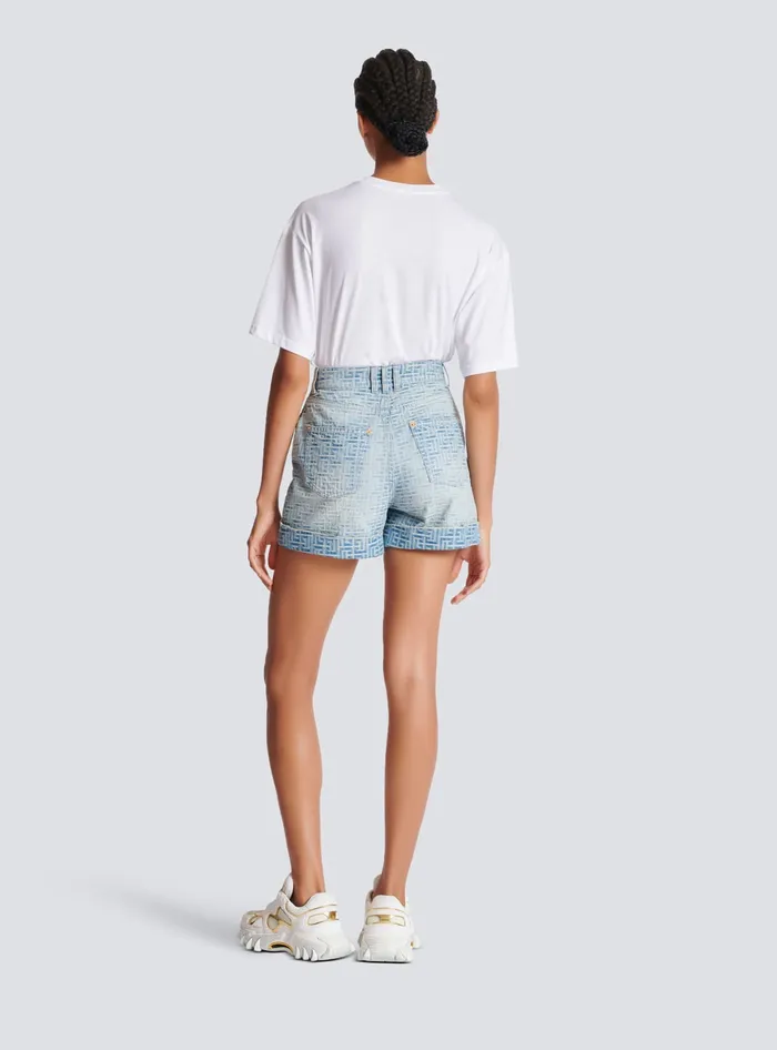 Balmain Monogram Denim Short Blue Women Denim