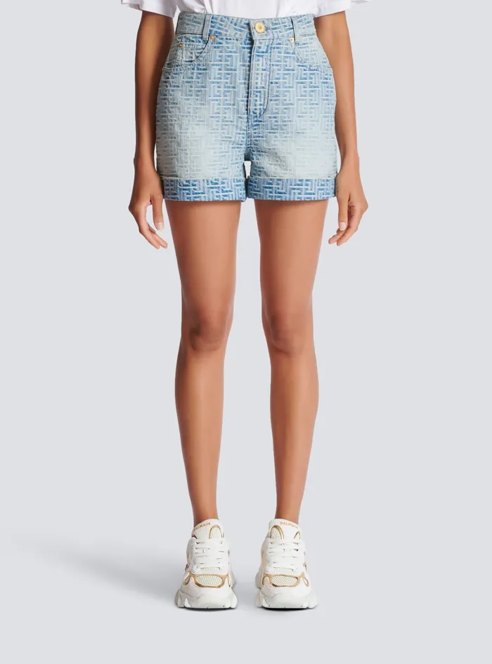 Balmain Monogram Denim Short Blue Women Denim
