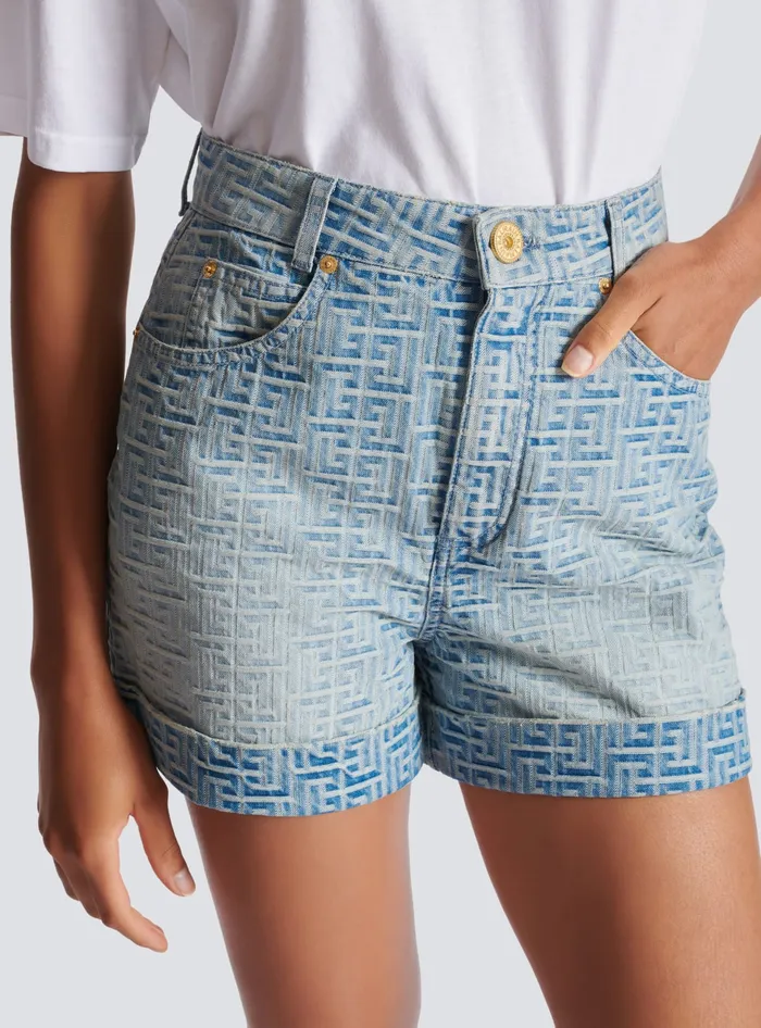 Balmain Monogram Denim Short Blue Women Denim