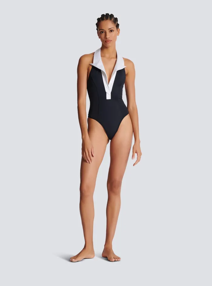 Balmain Onepiece Swimsuit With Contrasting Collar Black Women Swimwear