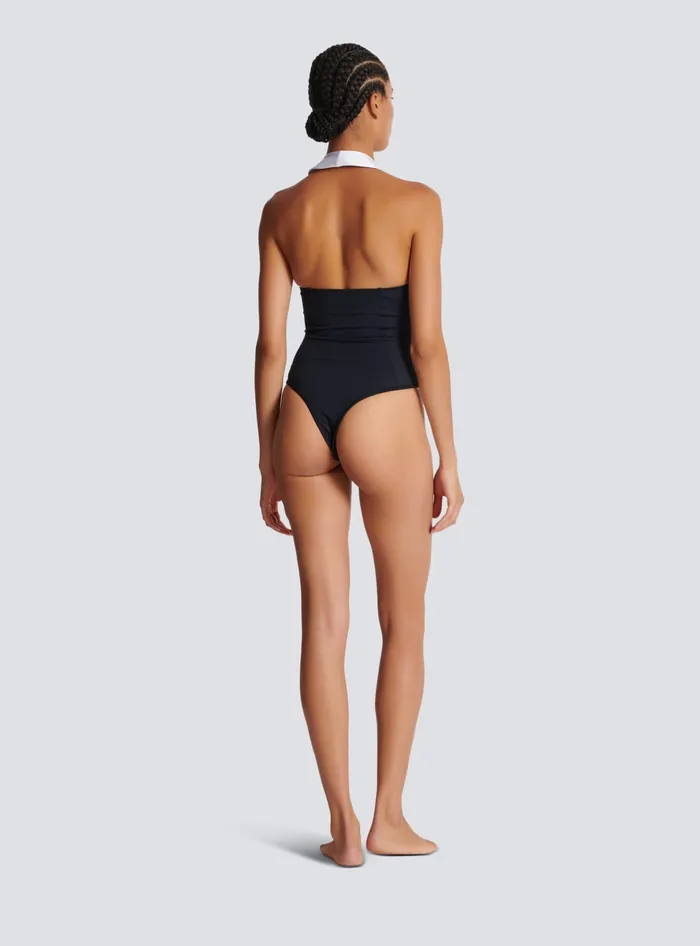 Balmain Onepiece Swimsuit With Contrasting Collar Black Women Swimwear