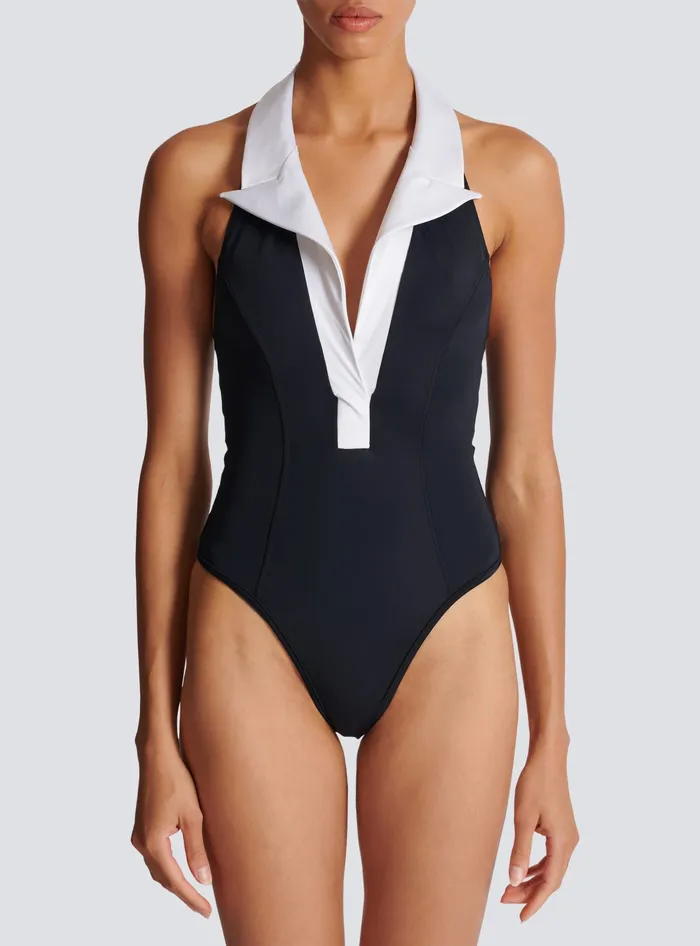 Balmain Onepiece Swimsuit With Contrasting Collar Black Women Swimwear