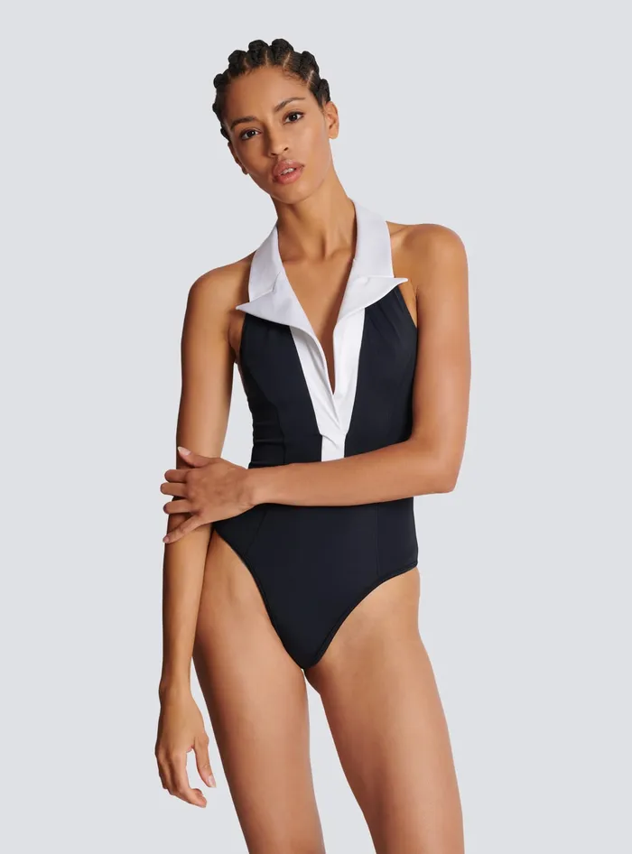 Balmain Onepiece Swimsuit With Contrasting Collar Black Women Swimwear