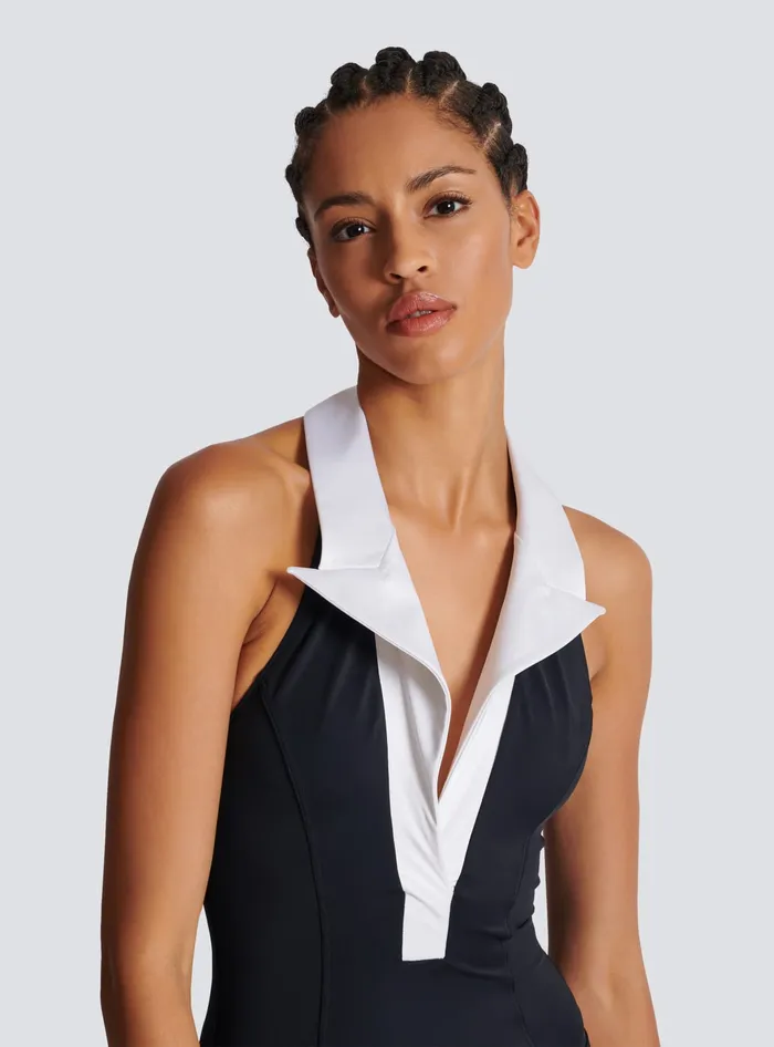 Balmain Onepiece Swimsuit With Contrasting Collar Black Women Swimwear