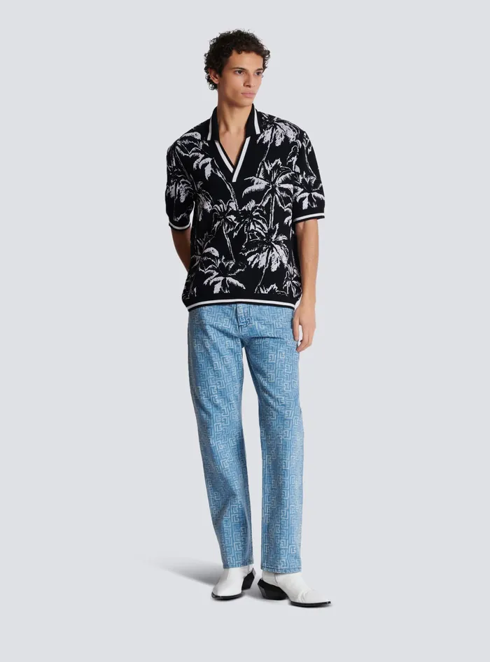 Balmain Palm Knit Polo Black Men Shirts And Polos