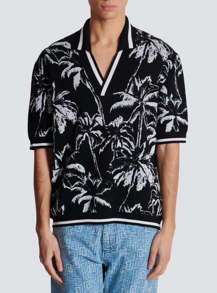 Balmain Palm Knit Polo Black Men Shirts And Polos