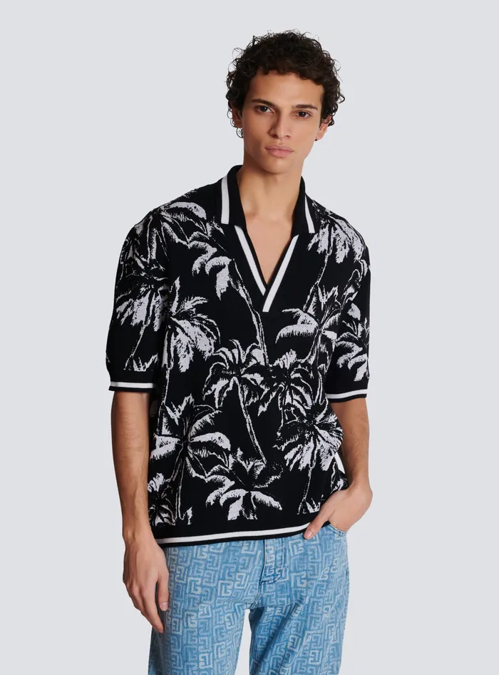 Balmain Palm Knit Polo Black Men Shirts And Polos
