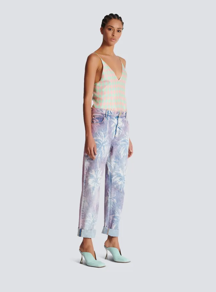 Balmain Palm Tree Denim Boyfriend Jeans Blue Women Denim