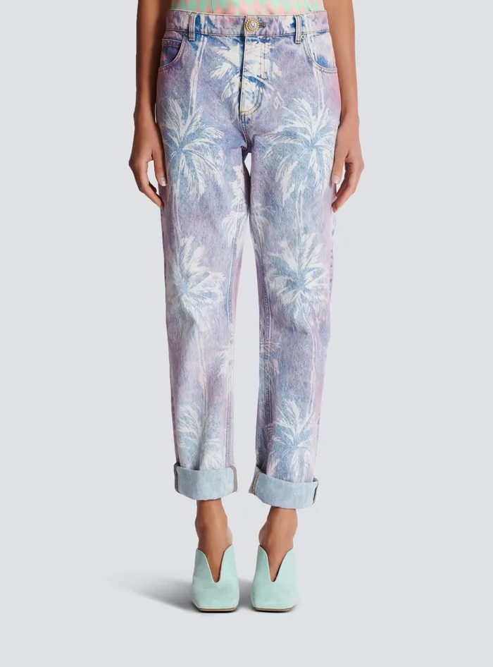 Balmain Palm Tree Denim Boyfriend Jeans Blue Women Denim