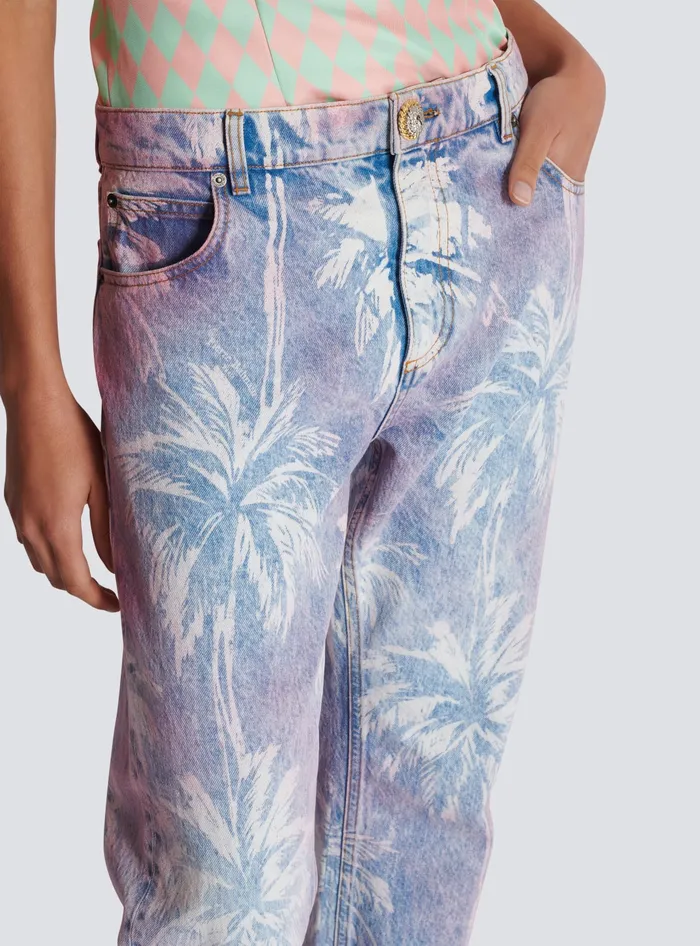 Balmain Palm Tree Denim Boyfriend Jeans Blue Women Denim