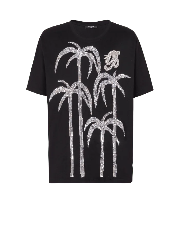 Balmain Palm Tree Embroidered Tshirt Black Men TShirts