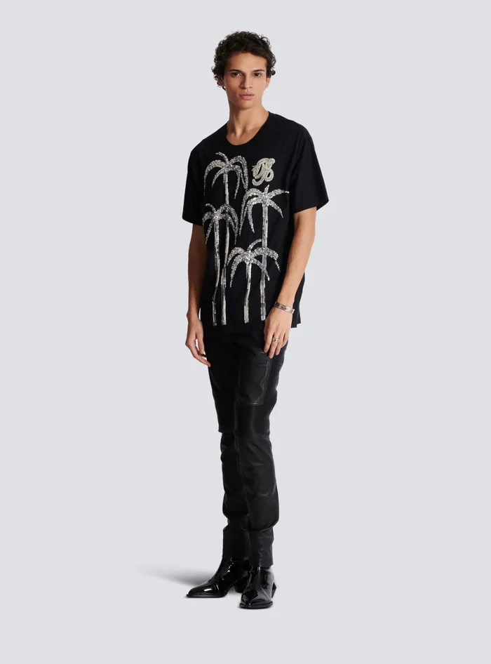 Balmain Palm Tree Embroidered Tshirt Black Men TShirts