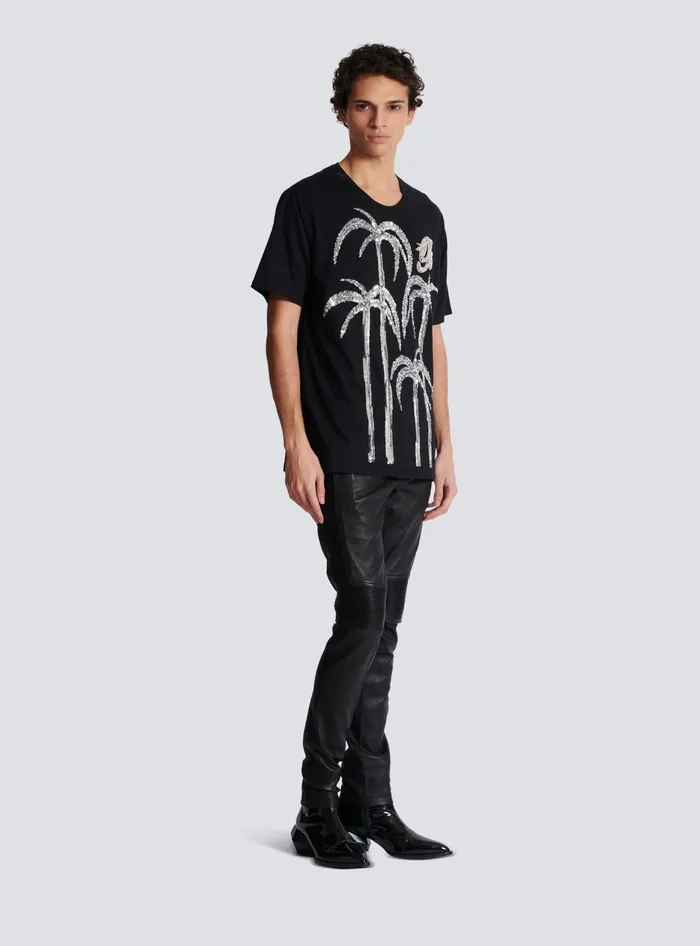 Balmain Palm Tree Embroidered Tshirt Black Men TShirts
