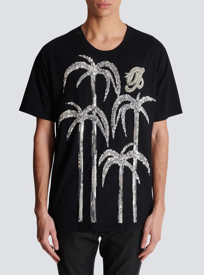 Balmain Palm Tree Embroidered Tshirt Black Men TShirts