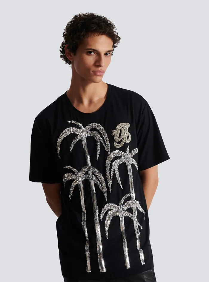Balmain Palm Tree Embroidered Tshirt Black Men TShirts