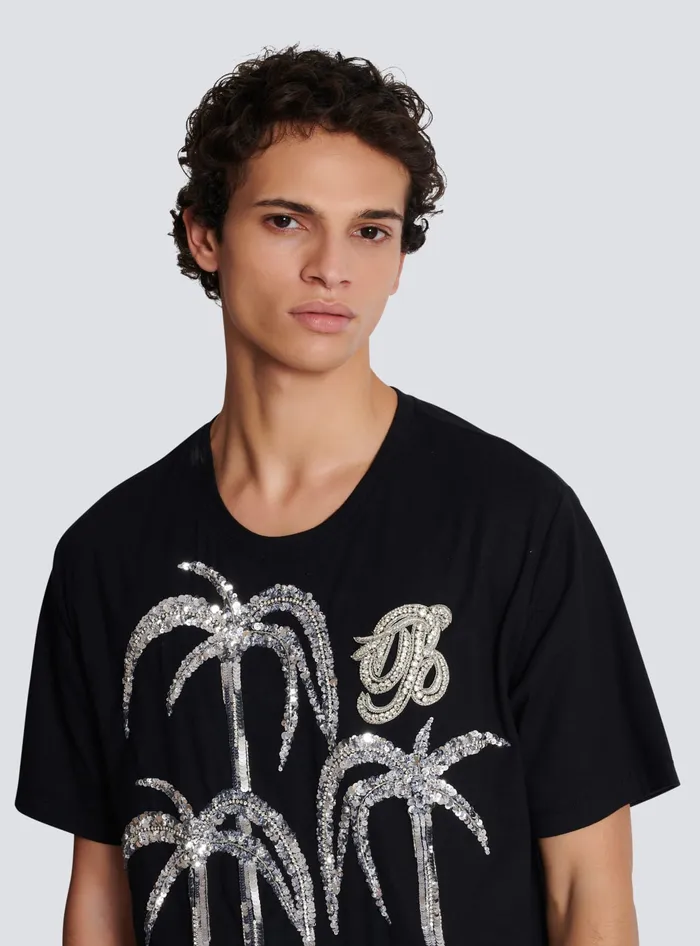 Balmain Palm Tree Embroidered Tshirt Black Men TShirts