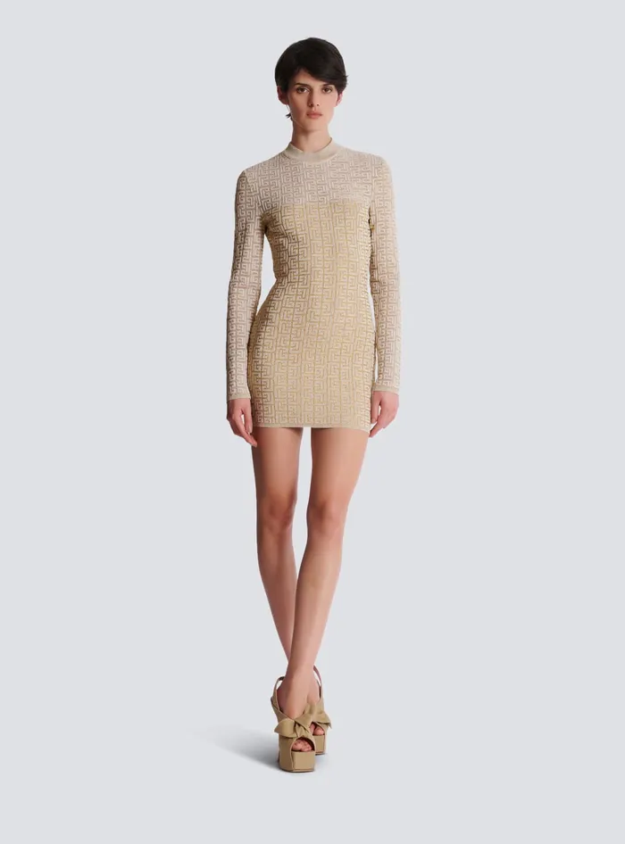 Balmain PB Labyrinth Knit Dress Beige Women Knitwear