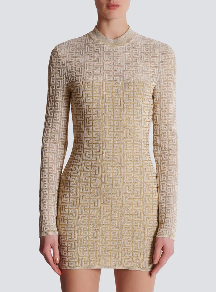 Balmain PB Labyrinth Knit Dress Beige Women Knitwear