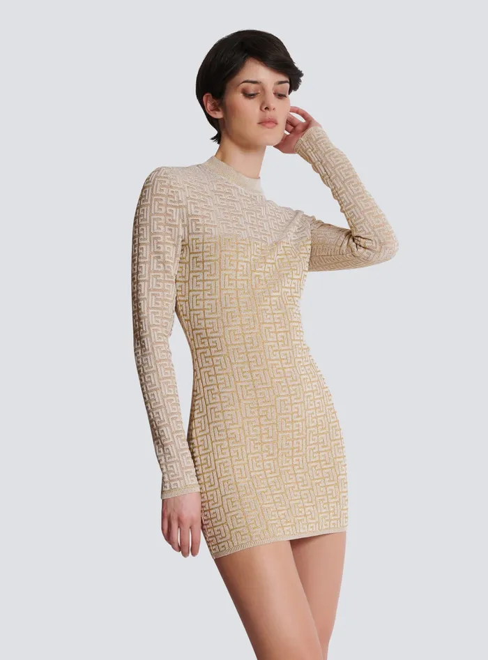 Balmain PB Labyrinth Knit Dress Beige Women Knitwear