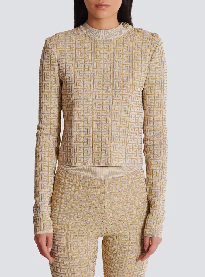 Balmain PB Labyrinth Knit Top Beige Women Tops And Shirts