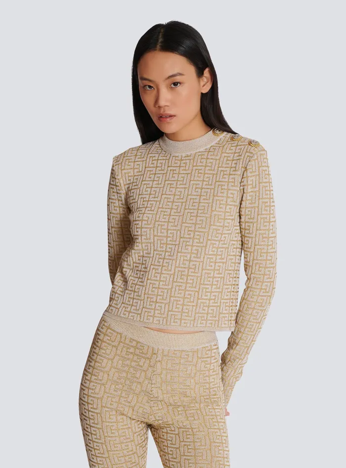 Balmain PB Labyrinth Knit Top Beige Women Tops And Shirts