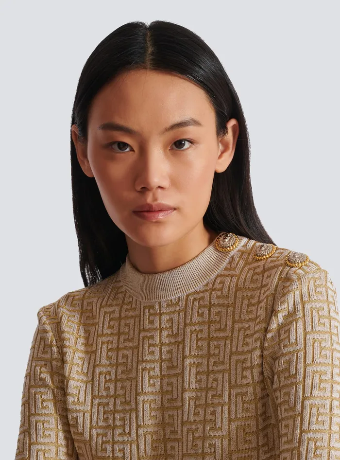 Balmain PB Labyrinth Knit Top Beige Women Tops And Shirts