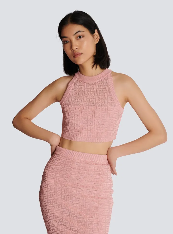 Balmain PB Labyrinth Knit Top Pink Women Tops And Shirts