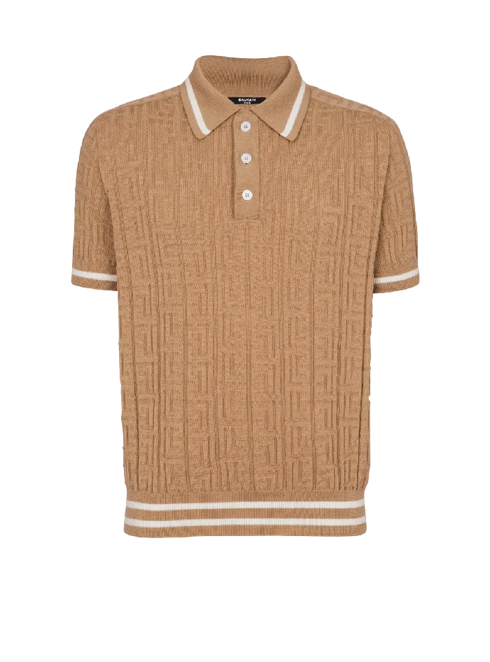 Balmain PB Labyrinth Wool Polo Shirt Beige Men Knitwear