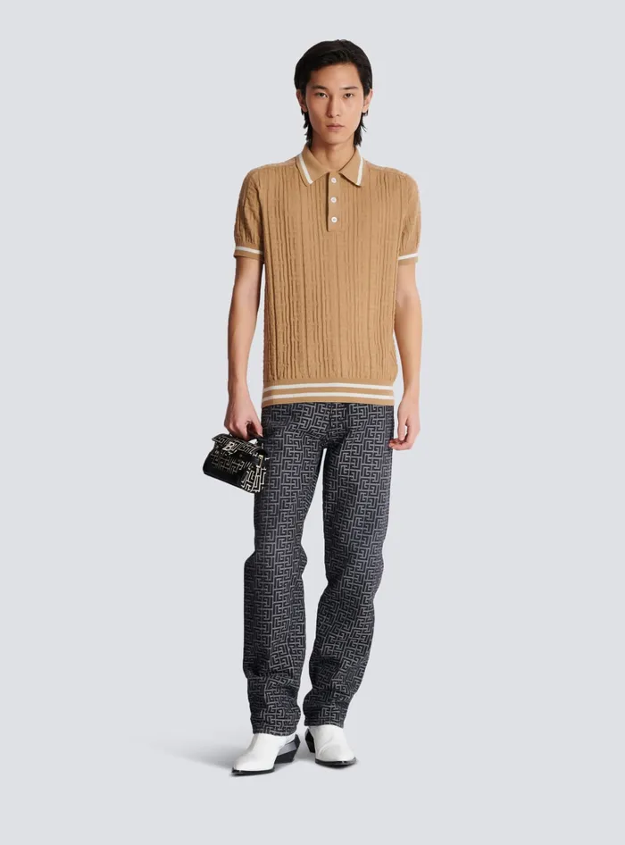 Balmain PB Labyrinth Wool Polo Shirt Beige Men Knitwear