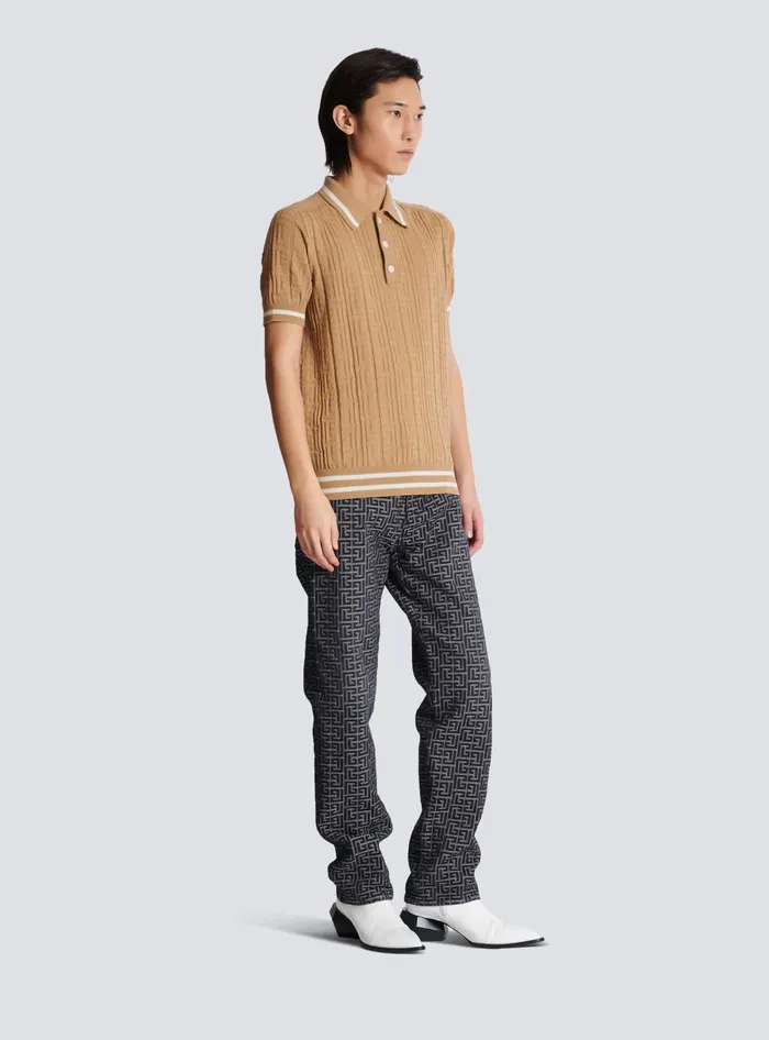Balmain PB Labyrinth Wool Polo Shirt Beige Men Knitwear