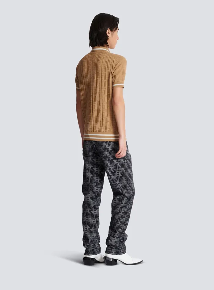 Balmain PB Labyrinth Wool Polo Shirt Beige Men Knitwear