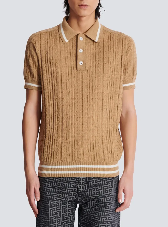 Balmain PB Labyrinth Wool Polo Shirt Beige Men Knitwear