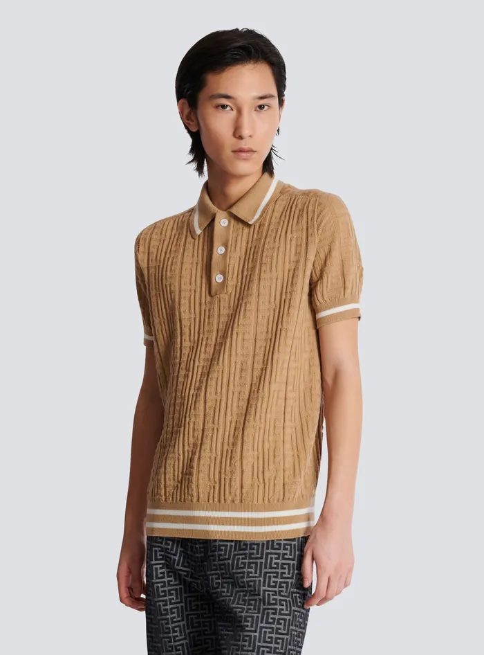 Balmain PB Labyrinth Wool Polo Shirt Beige Men Knitwear