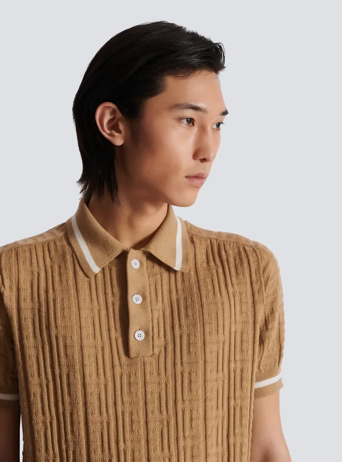 Balmain PB Labyrinth Wool Polo Shirt Beige Men Knitwear