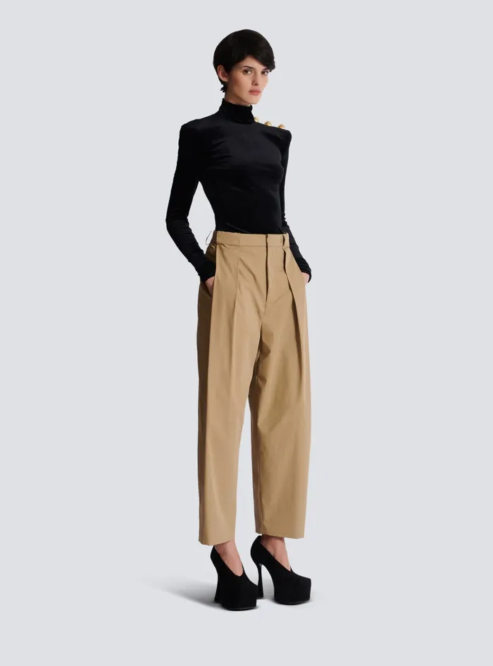 Balmain Pleated Cotton Trousers Beige Women Trousers And Shorts