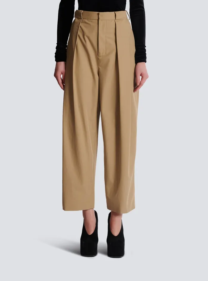Balmain Pleated Cotton Trousers Beige Women Trousers And Shorts
