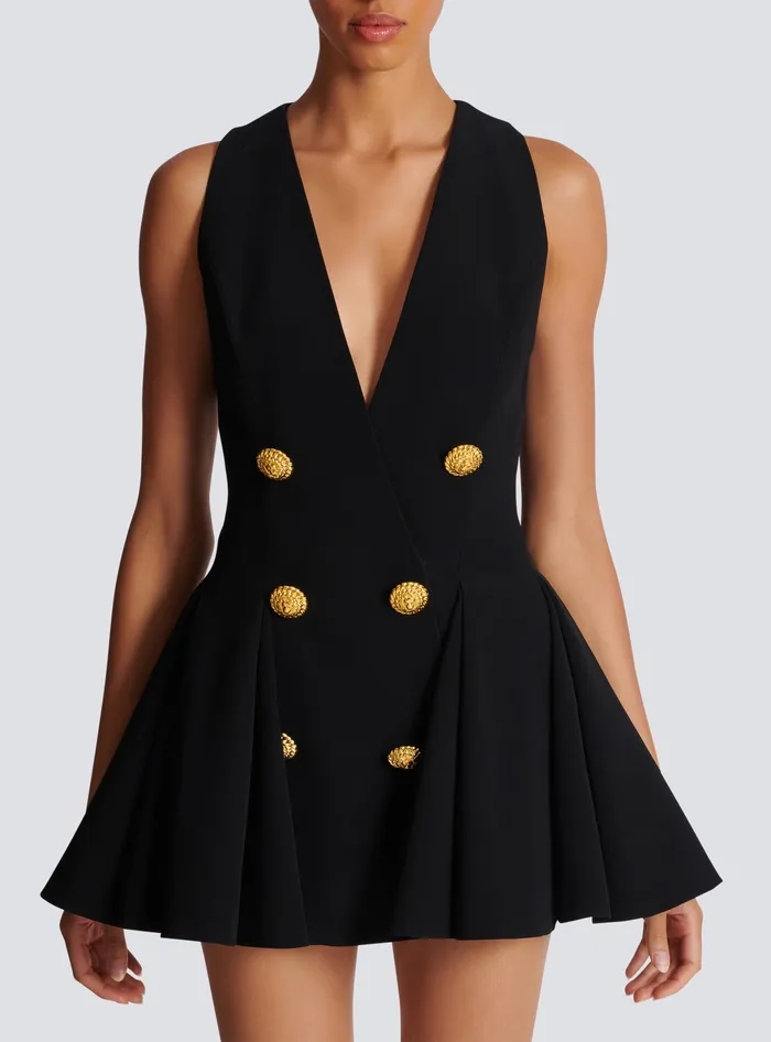 Balmain Pleated Flared Crepe Dress Black Women Dresses