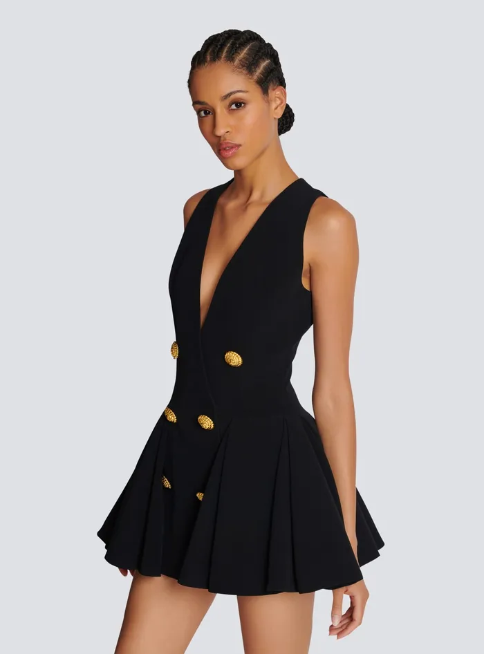 Balmain Pleated Flared Crepe Dress Black Women Dresses