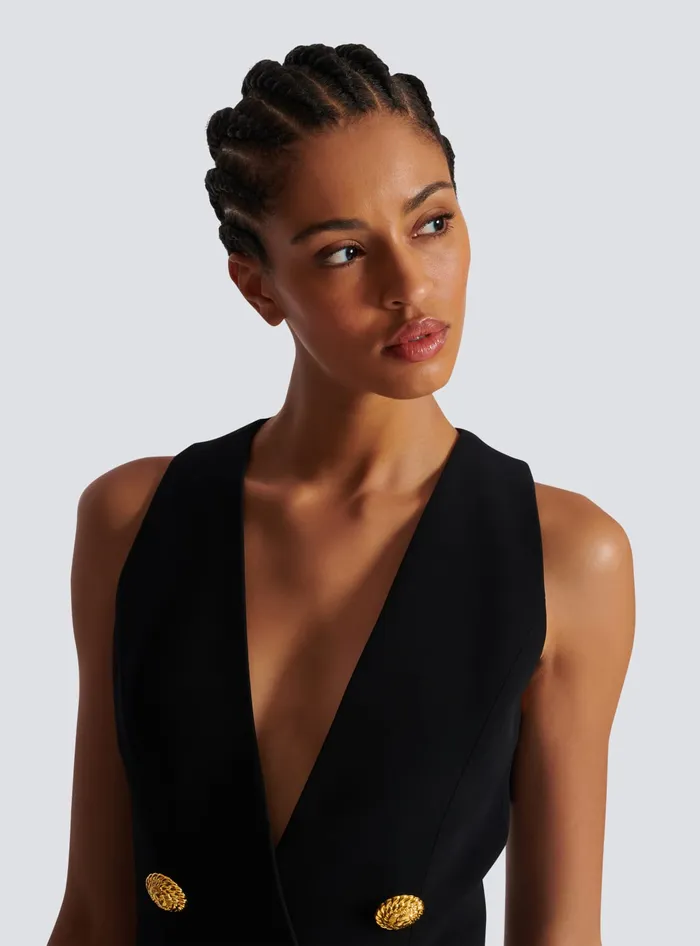 Balmain Pleated Flared Crepe Dress Black Women Dresses