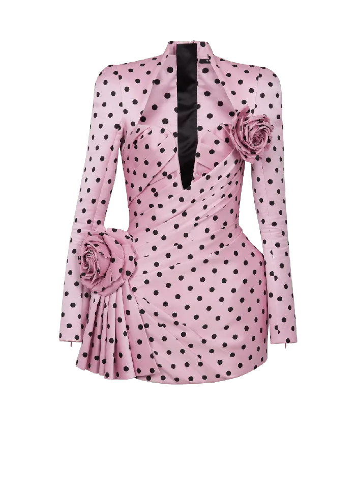 Balmain Polka Dots Short Printed Dress Pink Women Dresses