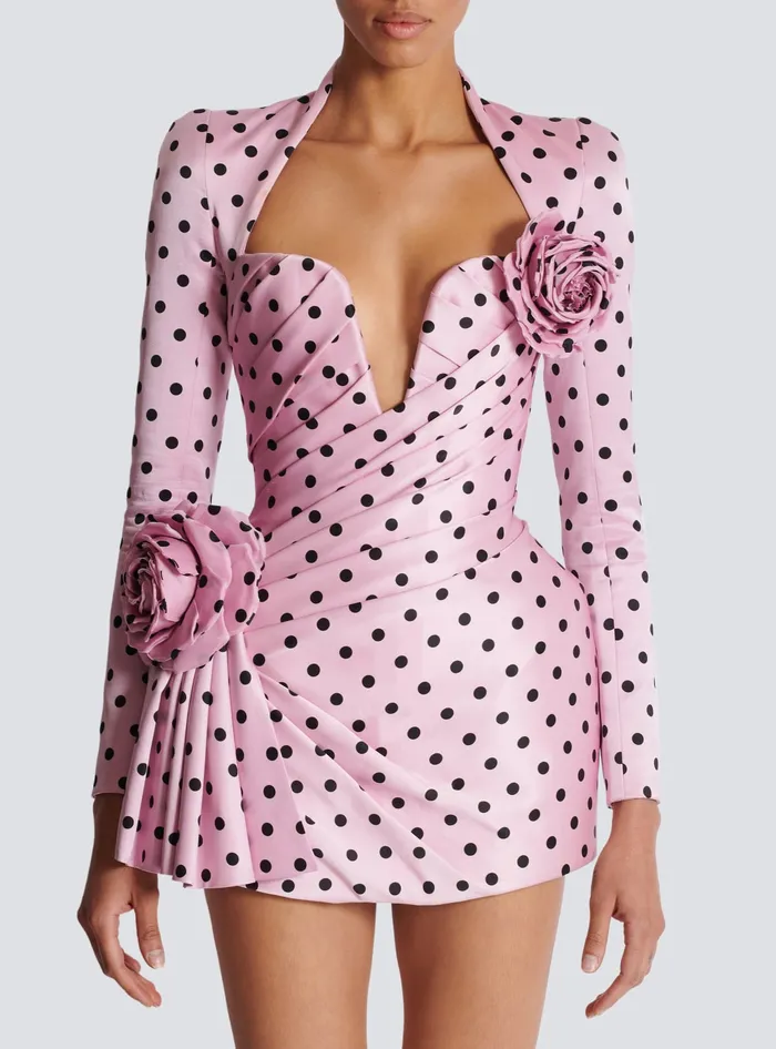 Balmain Polka Dots Short Printed Dress Pink Women Dresses