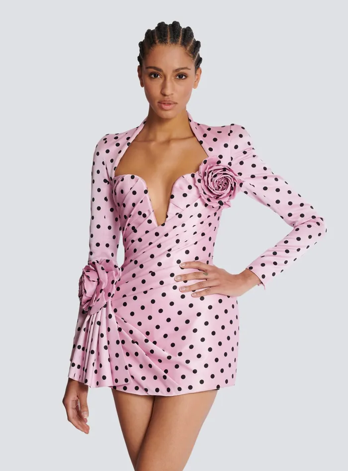 Balmain Polka Dots Short Printed Dress Pink Women Dresses