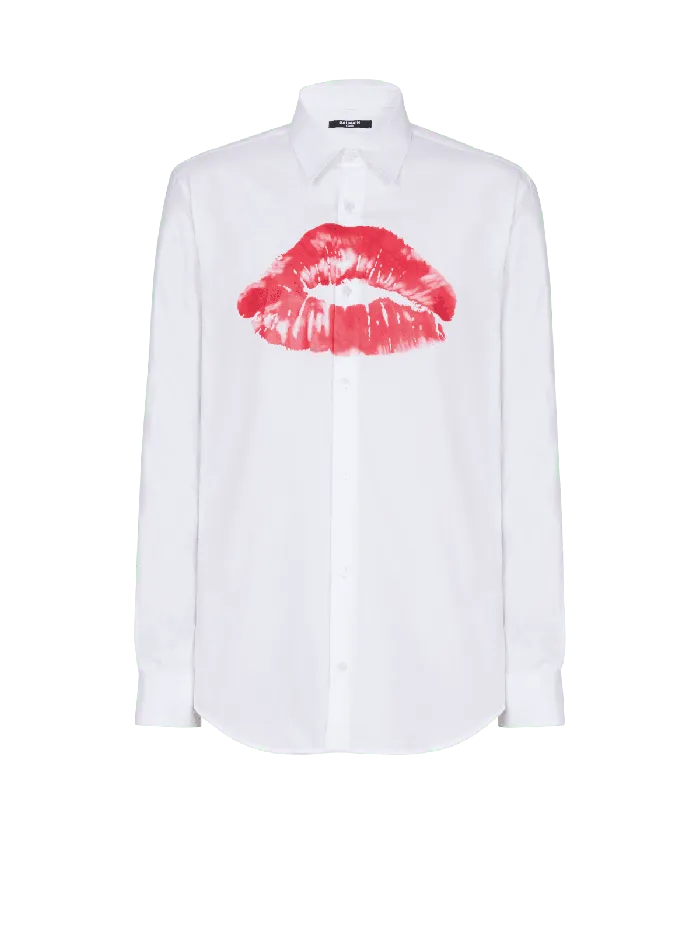 Balmain Poplin Shirt With Kiss Print White Men Shirts And Polos